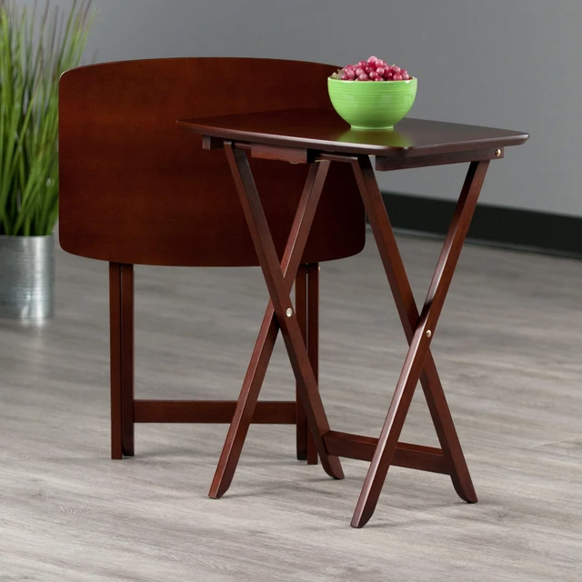 Alt view image 2 of 7 - Darlene Set of 2 Foldable Snack Tables, Walnut, 26" | Easy to Store Portable Fold Up Table Set for Kitchen, Living Room TV Dining, Crafts, Puzzles, Work From Home