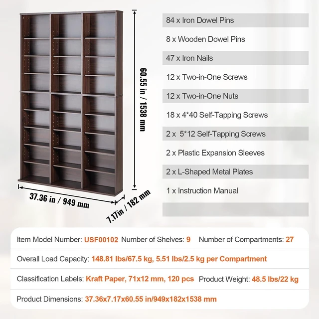 Alt view image 6 of 7 - Media Storage Cabinet, 9-Layer DVD Shelf Holds up to 756 CDs, Adjustable CD Shelves 27 Compartments, Protects & Organizes Music, Movie, Video Games or Memorabilia Collections, Espresso