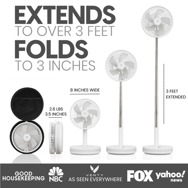 Alt view image 2 of 7 - Portable Fan - Wireless Battery Operated Fan - 4 Speeds - LED Lighting - Carry Case & Remote Control - Cruise Travel - Outdoor Travel RV Power Bank With USB-C Port (White with Case)