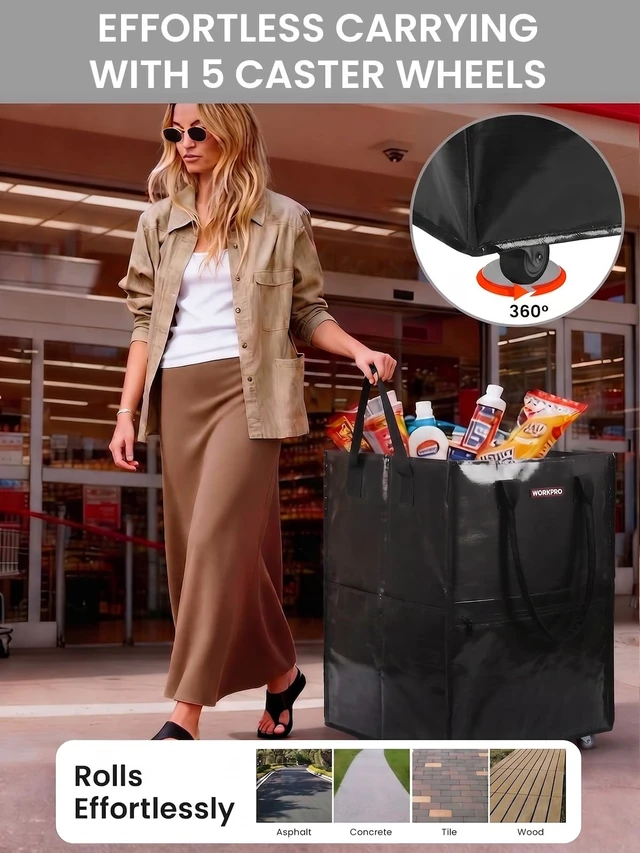 Alt view image 4 of 7 - Large Rolling Grocery Bag, 36-Gallon Rolling Tote with 5 Wheels | Reusable Grocery Bag on Wheels, Holds Up to 110 lbs, Heavy Duty Rolling Tote for Groceries, Laundry, Moving & Storage