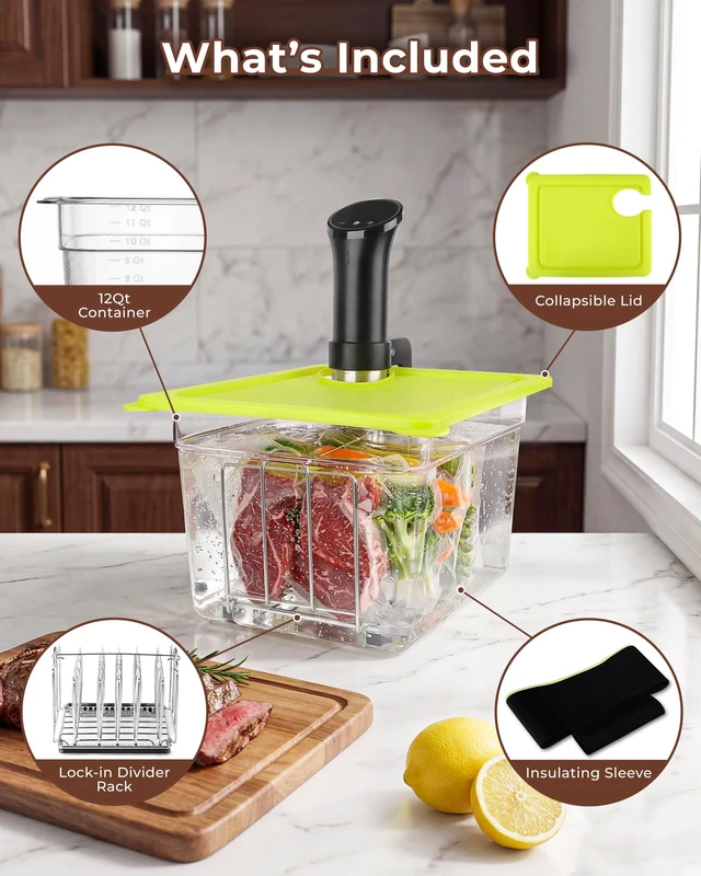 Alt view image 3 of 7 - 12Qt Sous Vide Container Kit with Lid, Rack & Sleeve | Lock-in rack Insulating sleeve Stable bag spacing Helps reduce heat loss Fold-open lid