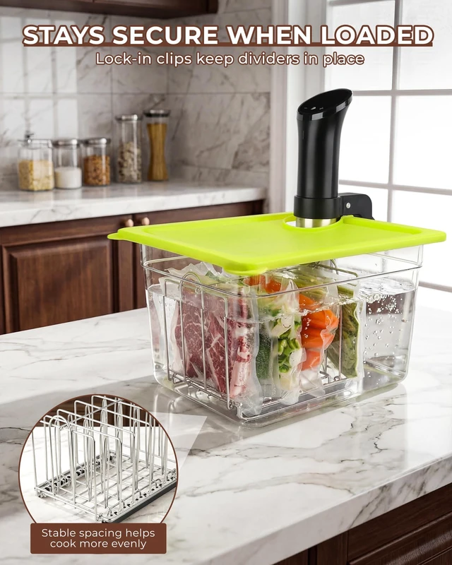 Alt view image 5 of 7 - 12Qt Sous Vide Container Kit with Lid, Rack & Sleeve | Lock-in rack Insulating sleeve Stable bag spacing Helps reduce heat loss Fold-open lid