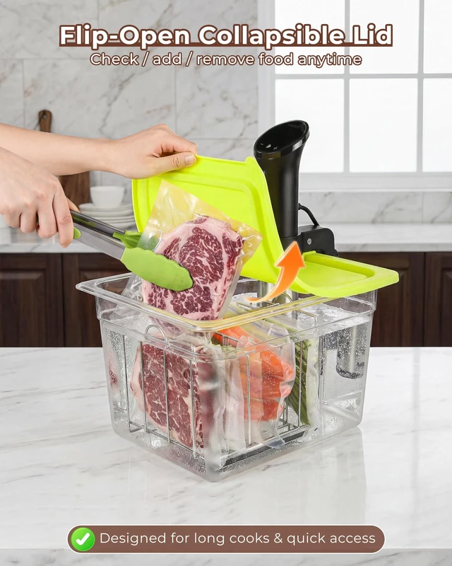 Alt view image 7 of 7 - 12Qt Sous Vide Container Kit with Lid, Rack & Sleeve | Lock-in rack Insulating sleeve Stable bag spacing Helps reduce heat loss Fold-open lid