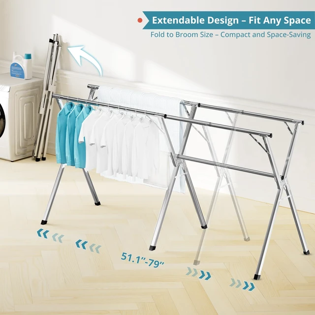 Alt view image 2 of 6 - 79" Clothes Drying Rack, Drying Rack Clothing Folding Indoor Outdoor | Heavy Duty Stainless Steel Laundry Rack, Foldable Portable Large Clothes Rack Garment Rack with 20 Windproof Hooks