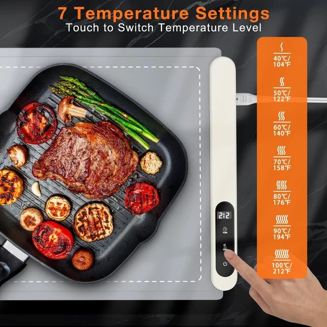 Alt view image 3 of 6 - Extra Large Warming Mat for Food, Rapid and Full Surface Heating Gray | With Heat Resistant Pad, 7 Temp Levels, 6H Timer, Portable Silicone Electric Food Heating Mat for Countertop Buffet Party