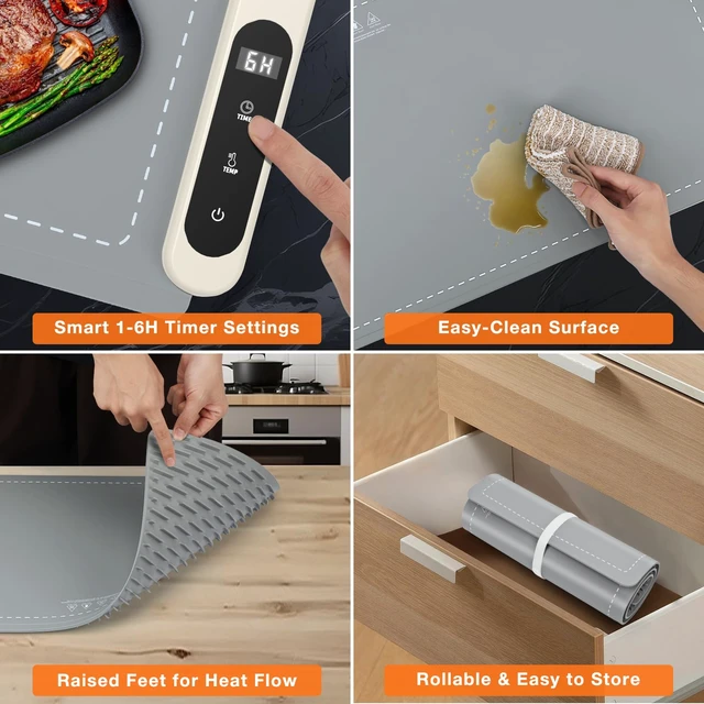 Alt view image 4 of 6 - Extra Large Warming Mat for Food, Rapid and Full Surface Heating Gray | With Heat Resistant Pad, 7 Temp Levels, 6H Timer, Portable Silicone Electric Food Heating Mat for Countertop Buffet Party