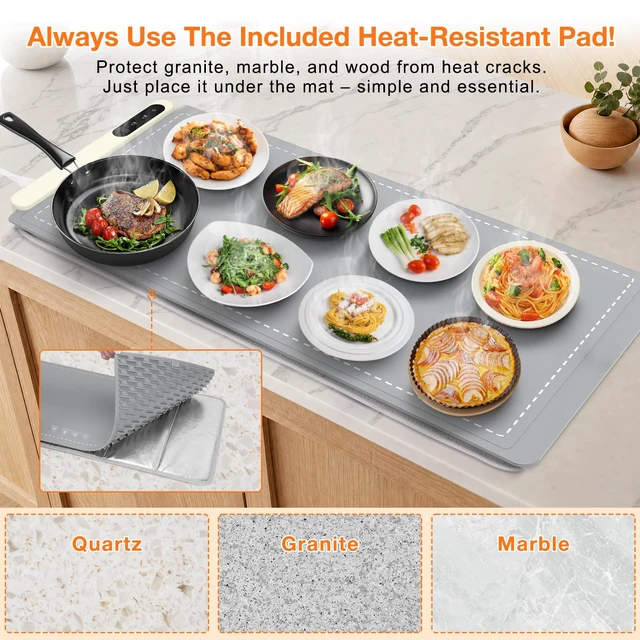Alt view image 5 of 6 - Extra Large Warming Mat for Food, Rapid and Full Surface Heating Gray | With Heat Resistant Pad, 7 Temp Levels, 6H Timer, Portable Silicone Electric Food Heating Mat for Countertop Buffet Party