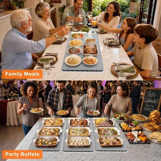 Alt view image 6 of 6 - Extra Large Warming Mat for Food, Rapid and Full Surface Heating Gray | With Heat Resistant Pad, 7 Temp Levels, 6H Timer, Portable Silicone Electric Food Heating Mat for Countertop Buffet Party