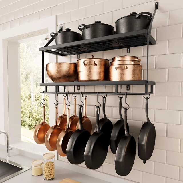 Main image of 30-Inch Kitchen Pot Rack - Mounted Hanging Rack for Kitchen Storage and Organization - Matte Black 2-Tier Wall Shelf with Guard Rail for Pots and Pans Organizer with 12 Hooks - KUR215S75B-BK