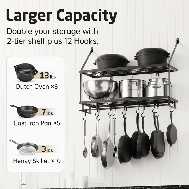 Alt view image 2 of 7 - 30-Inch Kitchen Pot Rack - Mounted Hanging Rack for Kitchen Storage and Organization - Matte Black 2-Tier Wall Shelf with Guard Rail for Pots and Pans Organizer with 12 Hooks - KUR215S75B-BK