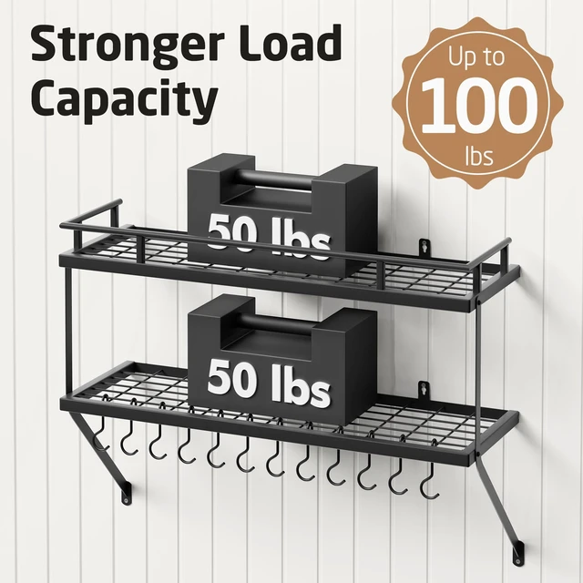 Alt view image 3 of 7 - 30-Inch Kitchen Pot Rack - Mounted Hanging Rack for Kitchen Storage and Organization - Matte Black 2-Tier Wall Shelf with Guard Rail for Pots and Pans Organizer with 12 Hooks - KUR215S75B-BK