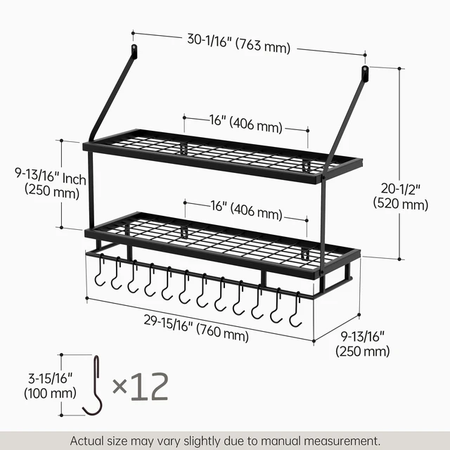 Alt view image 5 of 7 - 30-Inch Kitchen Pot Rack - Mounted Hanging Rack for Kitchen Storage and Organization - Matte Black 2-Tier Wall Shelf with Guard Rail for Pots and Pans Organizer with 12 Hooks - KUR215S75B-BK