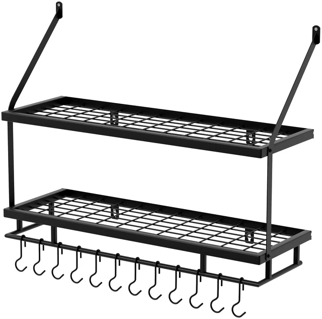 Alt view image 6 of 7 - 30-Inch Kitchen Pot Rack - Mounted Hanging Rack for Kitchen Storage and Organization - Matte Black 2-Tier Wall Shelf with Guard Rail for Pots and Pans Organizer with 12 Hooks - KUR215S75B-BK