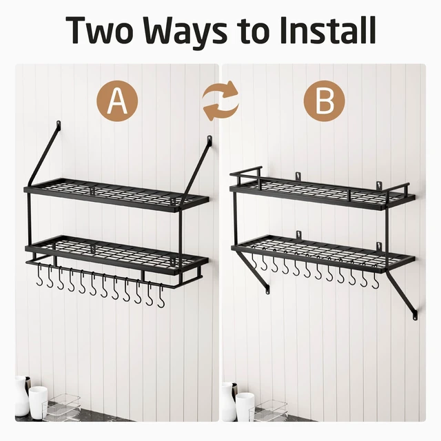 Alt view image 7 of 7 - 30-Inch Kitchen Pot Rack - Mounted Hanging Rack for Kitchen Storage and Organization - Matte Black 2-Tier Wall Shelf with Guard Rail for Pots and Pans Organizer with 12 Hooks - KUR215S75B-BK