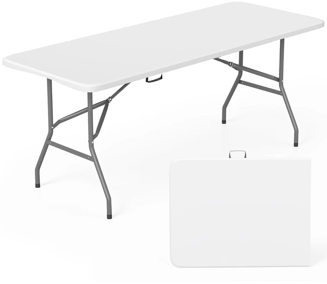 Main image of 6FT Folding Table | White | Portable Plastic Table | with Carry Handle | Waterproof & Foldable Table Design | Steel Frame with Lock | for Events, Camping, Indoor & Outdoor Use
