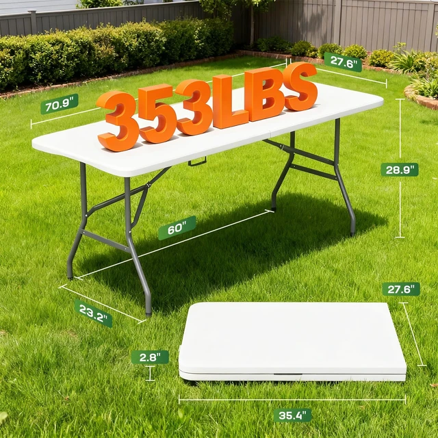 Alt view image 2 of 7 - 6FT Folding Table | White | Portable Plastic Table | with Carry Handle | Waterproof & Foldable Table Design | Steel Frame with Lock | for Events, Camping, Indoor & Outdoor Use