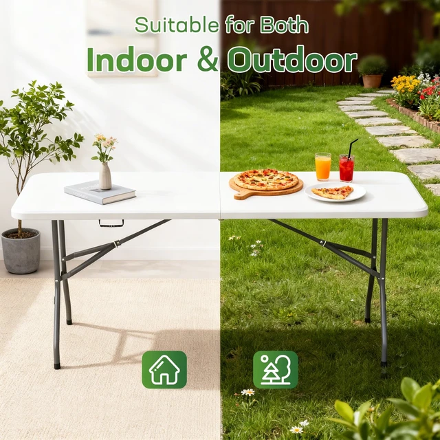 Alt view image 3 of 7 - 6FT Folding Table | White | Portable Plastic Table | with Carry Handle | Waterproof & Foldable Table Design | Steel Frame with Lock | for Events, Camping, Indoor & Outdoor Use