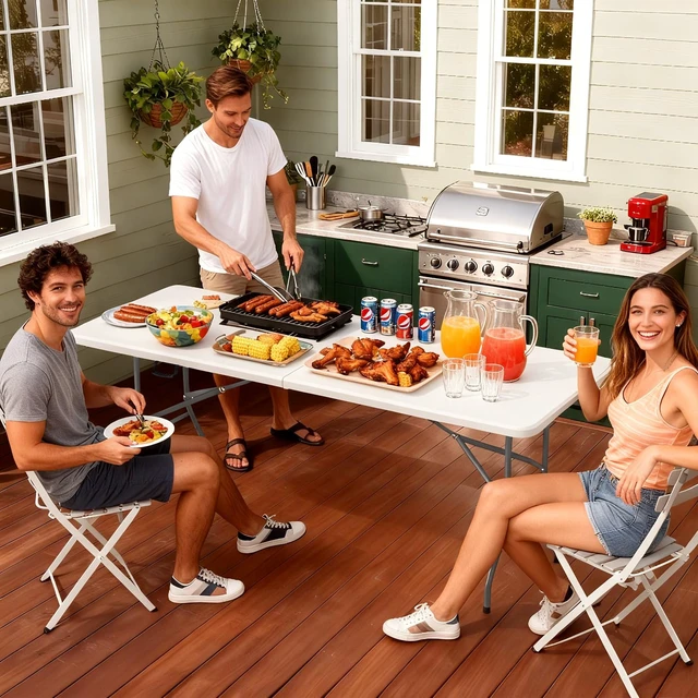 Alt view image 7 of 7 - 6FT Folding Table | White | Portable Plastic Table | with Carry Handle | Waterproof & Foldable Table Design | Steel Frame with Lock | for Events, Camping, Indoor & Outdoor Use