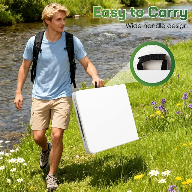Alt view image 6 of 7 - 6FT Folding Table | White | Portable Plastic Table | with Carry Handle | Waterproof & Foldable Table Design | Steel Frame with Lock | for Events, Camping, Indoor & Outdoor Use