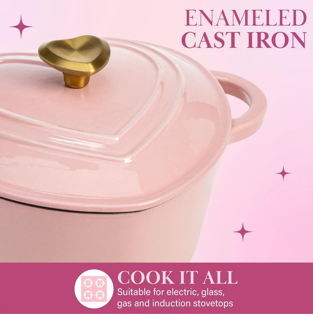 Alt view image 3 of 7 - Enameled Cast Iron Dutch Oven Pot with Lid, Heart-Shaped Dutch Oven, Durable Cast Iron Pot with Dual Handles, Oven Safe to 500°F, Works on All Stovetops, 4-Quart, Pink