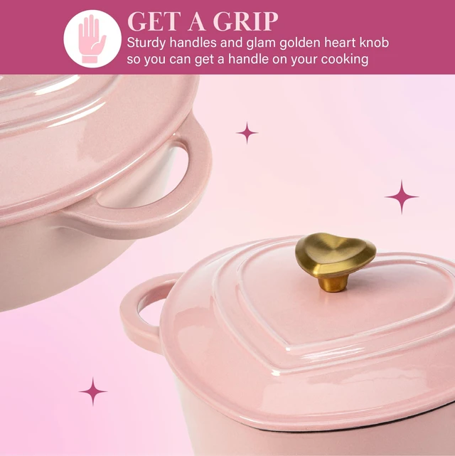 Alt view image 4 of 7 - Enameled Cast Iron Dutch Oven Pot with Lid, Heart-Shaped Dutch Oven, Durable Cast Iron Pot with Dual Handles, Oven Safe to 500°F, Works on All Stovetops, 4-Quart, Pink