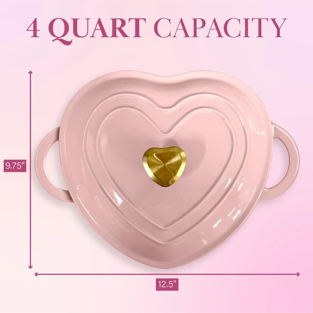 Alt view image 6 of 7 - Enameled Cast Iron Dutch Oven Pot with Lid, Heart-Shaped Dutch Oven, Durable Cast Iron Pot with Dual Handles, Oven Safe to 500°F, Works on All Stovetops, 4-Quart, Pink