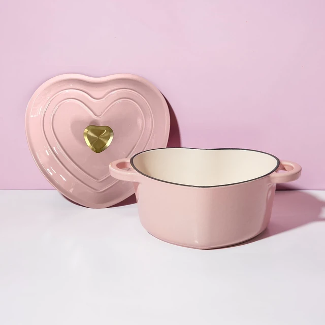 Alt view image 7 of 7 - Enameled Cast Iron Dutch Oven Pot with Lid, Heart-Shaped Dutch Oven, Durable Cast Iron Pot with Dual Handles, Oven Safe to 500°F, Works on All Stovetops, 4-Quart, Pink