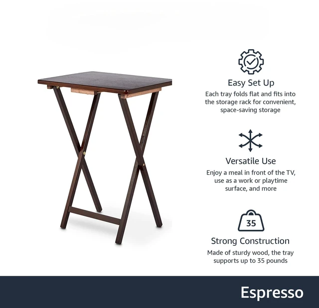 Alt view image 2 of 4 - Portable Foldable TV Tray Table with Storage Rack, Space-Saving Design, Sturdy Wood, 14.6" L x 19" W x 26" H, Espresso, 4-Pack
