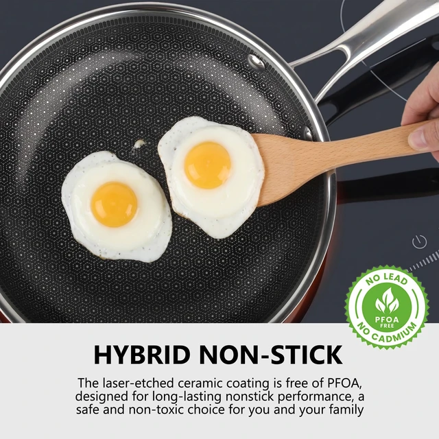 Alt view image 2 of 7 - 12 Inch Non Stick Frying Pan with Lid, PFOA Free Ceramic-Coated | Hybrid Stainless Steel Skillet for Home Cooking & Family Kitchens, Dishwasher & Oven Safe, Induction Compatible