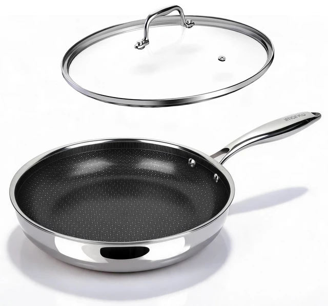Main image of 12 Inch Non Stick Frying Pan with Lid, PFOA Free Ceramic-Coated | Hybrid Stainless Steel Skillet for Home Cooking & Family Kitchens, Dishwasher & Oven Safe, Induction Compatible