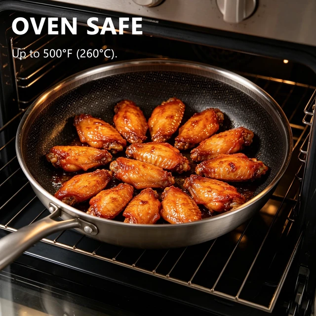 Alt view image 5 of 7 - 12 Inch Non Stick Frying Pan with Lid, PFOA Free Ceramic-Coated | Hybrid Stainless Steel Skillet for Home Cooking & Family Kitchens, Dishwasher & Oven Safe, Induction Compatible