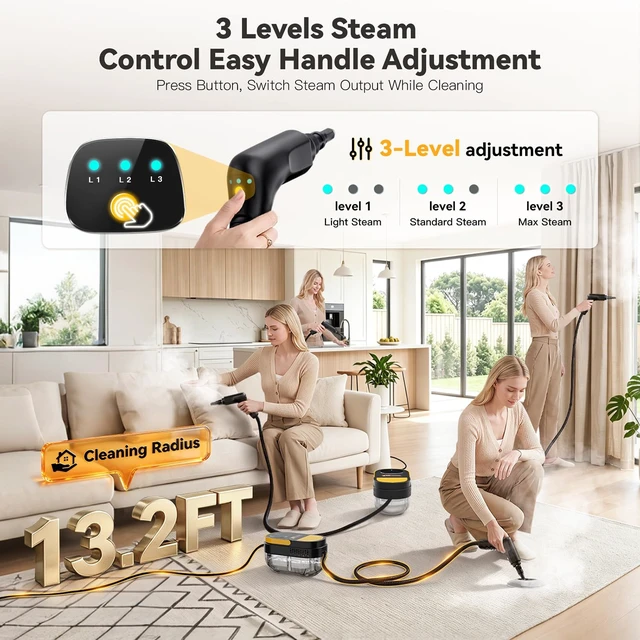 Alt view image 2 of 7 - Steam Cleaner, 3 Level Adjustable Handle with 15 Accessories | 15s Heat Up, 1.69 Quarts Tank, Foldable Handle, Portable Steam Cleaner for Home, Kitchen, Bathroom, Tile, Grout, Car Cleaning