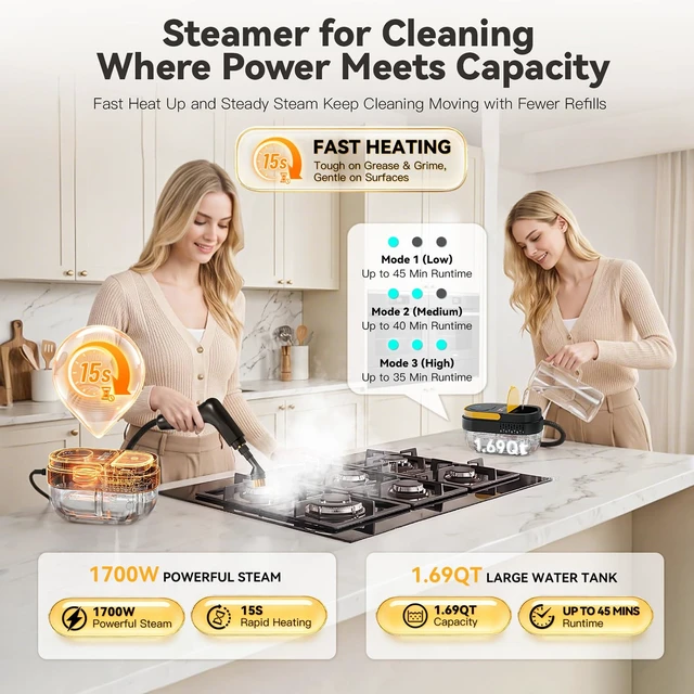 Alt view image 3 of 7 - Steam Cleaner, 3 Level Adjustable Handle with 15 Accessories | 15s Heat Up, 1.69 Quarts Tank, Foldable Handle, Portable Steam Cleaner for Home, Kitchen, Bathroom, Tile, Grout, Car Cleaning
