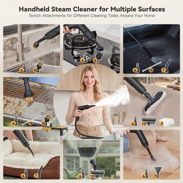 Alt view image 6 of 7 - Steam Cleaner, 3 Level Adjustable Handle with 15 Accessories | 15s Heat Up, 1.69 Quarts Tank, Foldable Handle, Portable Steam Cleaner for Home, Kitchen, Bathroom, Tile, Grout, Car Cleaning