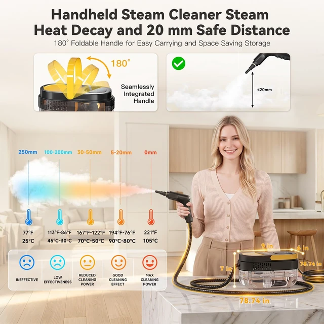 Alt view image 4 of 7 - Steam Cleaner, 3 Level Adjustable Handle with 15 Accessories | 15s Heat Up, 1.69 Quarts Tank, Foldable Handle, Portable Steam Cleaner for Home, Kitchen, Bathroom, Tile, Grout, Car Cleaning