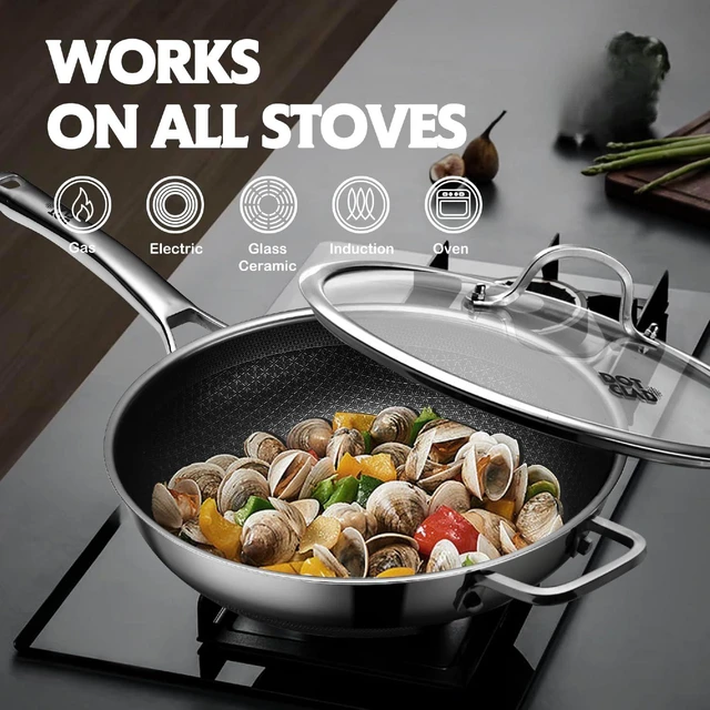 Alt view image 6 of 6 - Wok Pan with Lid, 12 Inch Stainless Steel Nonstick Wok, Stir-Fry Pan | Snowflake Nonstick, Metal Utensil Safe, No Seasoning, Oven & Dishwasher Safe, PFOA-Free, Induction Compatible