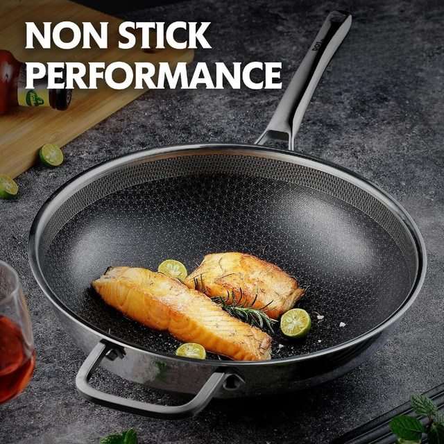 Alt view image 3 of 6 - Wok Pan with Lid, 12 Inch Stainless Steel Nonstick Wok, Stir-Fry Pan | Snowflake Nonstick, Metal Utensil Safe, No Seasoning, Oven & Dishwasher Safe, PFOA-Free, Induction Compatible