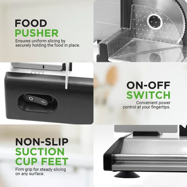 Alt view image 5 of 7 - Electric Meat Slicer | 200W Automatic Meat, Deli & Bread Slicer | Adjustable Dial for 0-15mm Cutting Range Thickness | Removable 7.5 IN Stainless Steel Blade & Food Pusher for Safety (Black)