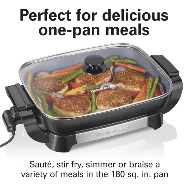 Alt view image 2 of 7 - Durathon Ceramic Electric Skillet with Removable 12x15 Pan, Adjustable Temperature, Reversible Design, Tempered Glass Lid (38531)