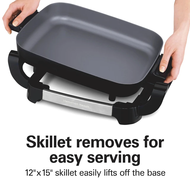 Alt view image 3 of 7 - Durathon Ceramic Electric Skillet with Removable 12x15 Pan, Adjustable Temperature, Reversible Design, Tempered Glass Lid (38531)