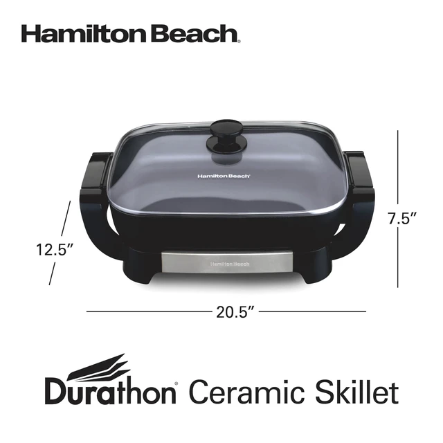 Alt view image 7 of 7 - Durathon Ceramic Electric Skillet with Removable 12x15 Pan, Adjustable Temperature, Reversible Design, Tempered Glass Lid (38531)
