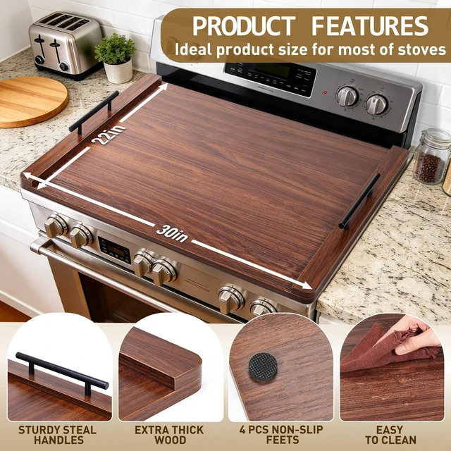 Alt view image 2 of 7 - Noodle Board Stove Cover with Handles, Wood Stove Top Covers for Electric Stove and Gas Burners, Wooden Decorative Serving Tray Kitchen Sink Cover for Counter Space (Walnut)