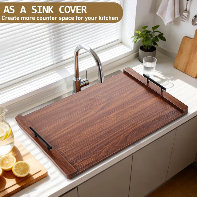 Alt view image 7 of 7 - Noodle Board Stove Cover with Handles, Wood Stove Top Covers for Electric Stove and Gas Burners, Wooden Decorative Serving Tray Kitchen Sink Cover for Counter Space (Walnut)