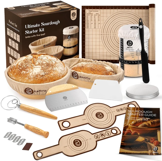 Main image of Sourdough Starter Kit with 10" Round & 11" Oval Banneton Proofing Basket and 34oz Starter Jar - Beginner-Friendly Sourdough Bread Baking Supplies and Baking Gifts for Women, Men, and Bread Bakers