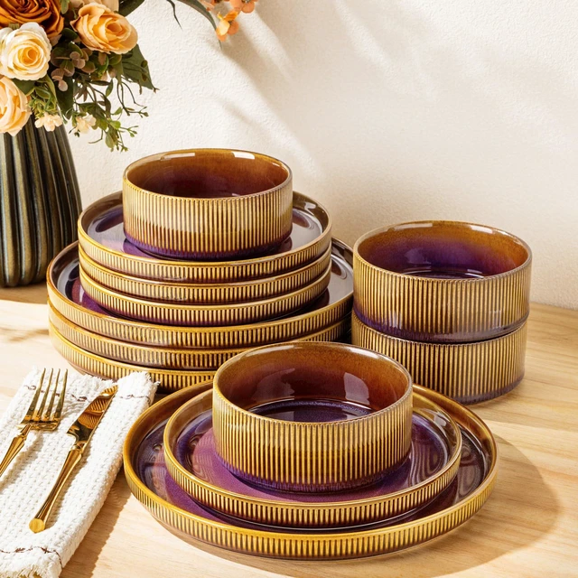 Main image of Ceramic Dinnerware Set for 4, 12-Piece Plates and Bowls Set | Lightweight Porcelain Dish Set, Scratch Resistant, Oven & Microwave & Dishwasher Safe, Amber Amethyst