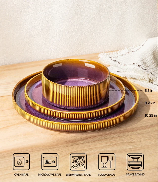Alt view image 2 of 7 - Ceramic Dinnerware Set for 4, 12-Piece Plates and Bowls Set | Lightweight Porcelain Dish Set, Scratch Resistant, Oven & Microwave & Dishwasher Safe, Amber Amethyst