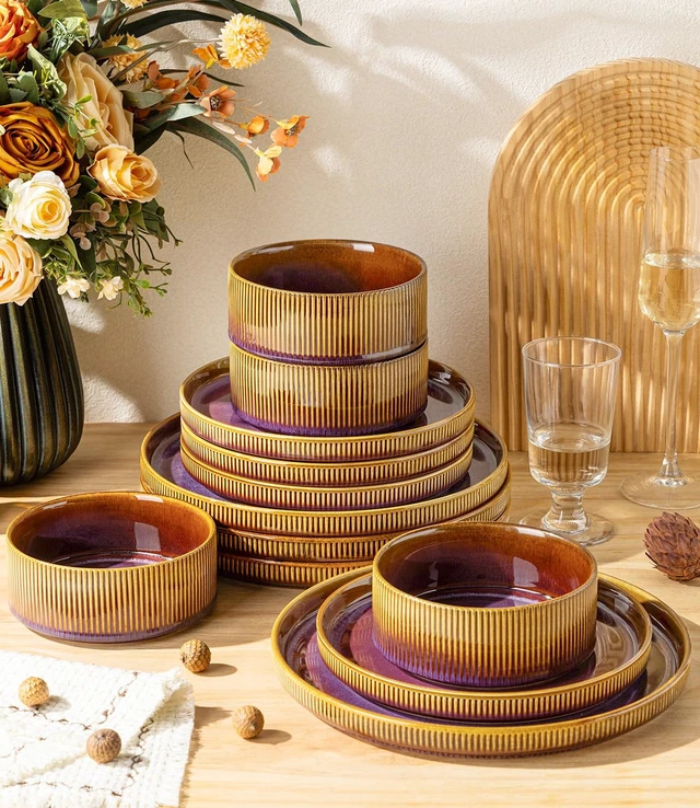 Alt view image 4 of 7 - Ceramic Dinnerware Set for 4, 12-Piece Plates and Bowls Set | Lightweight Porcelain Dish Set, Scratch Resistant, Oven & Microwave & Dishwasher Safe, Amber Amethyst