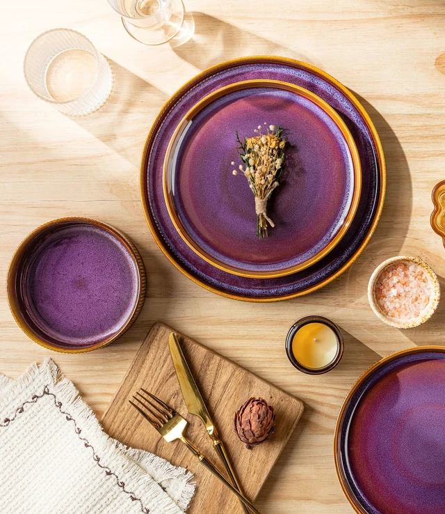 Alt view image 3 of 7 - Ceramic Dinnerware Set for 4, 12-Piece Plates and Bowls Set | Lightweight Porcelain Dish Set, Scratch Resistant, Oven & Microwave & Dishwasher Safe, Amber Amethyst