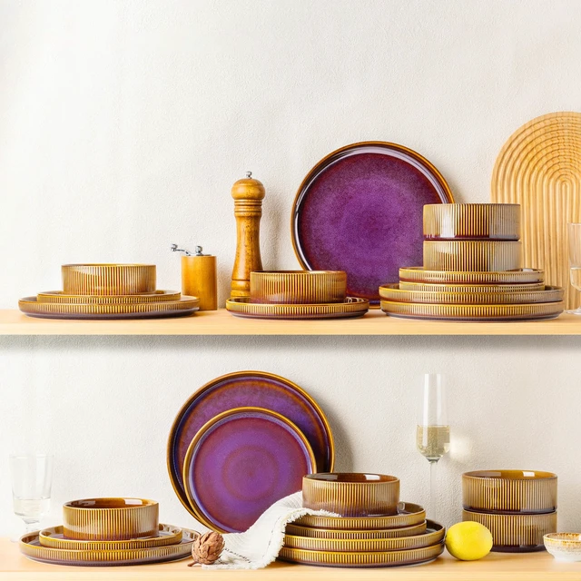 Alt view image 7 of 7 - Ceramic Dinnerware Set for 4, 12-Piece Plates and Bowls Set | Lightweight Porcelain Dish Set, Scratch Resistant, Oven & Microwave & Dishwasher Safe, Amber Amethyst
