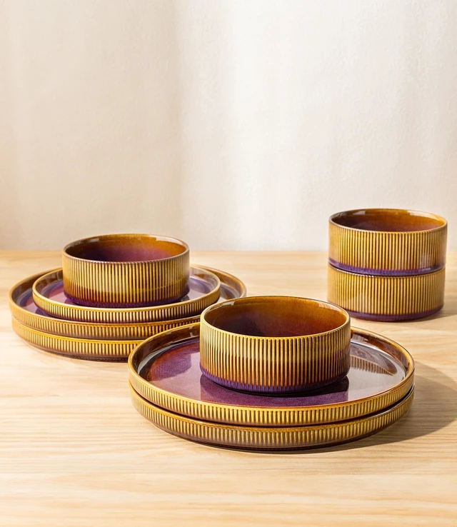 Alt view image 5 of 7 - Ceramic Dinnerware Set for 4, 12-Piece Plates and Bowls Set | Lightweight Porcelain Dish Set, Scratch Resistant, Oven & Microwave & Dishwasher Safe, Amber Amethyst